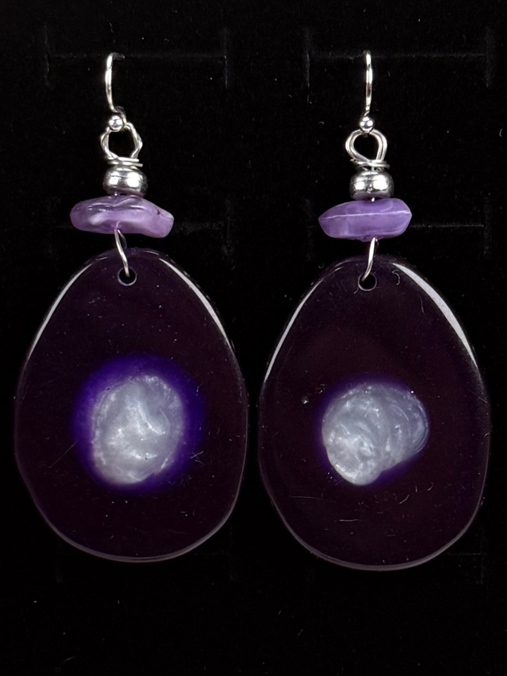 Beautiful purple and Silvertone long statement earrings